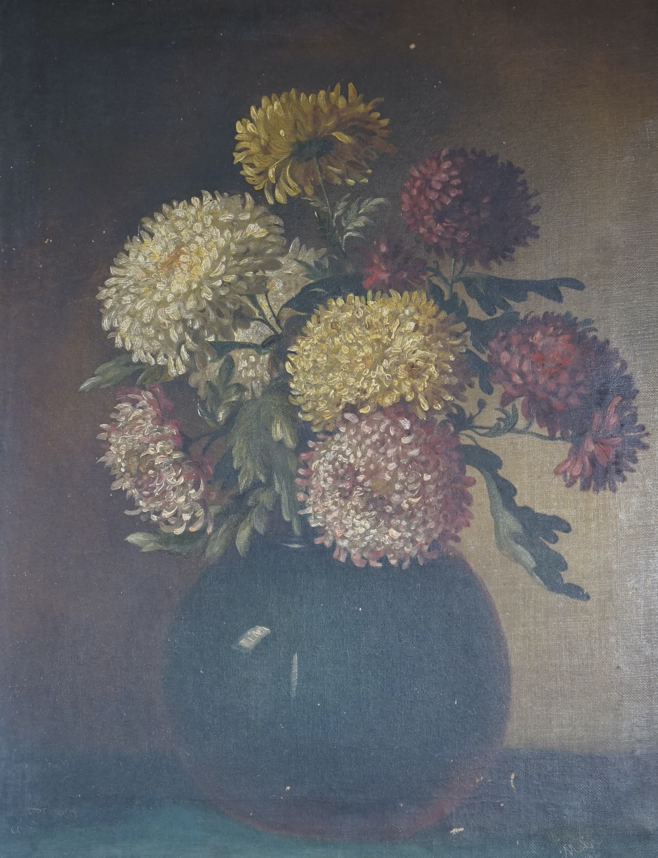 19th century oil on canvas, Still life of chrysanthemums in a vase, signed with monogram M.L, dated 1882, 45 x 35cm, ornate gilt framed